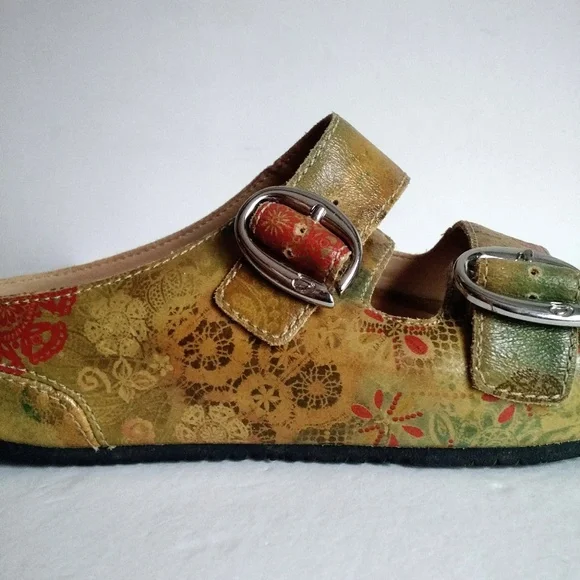 Boho ARAVON Slides Genuine Leather Mustard Floral sandal Slip-on Sandal Flats - Picture 2 of 16